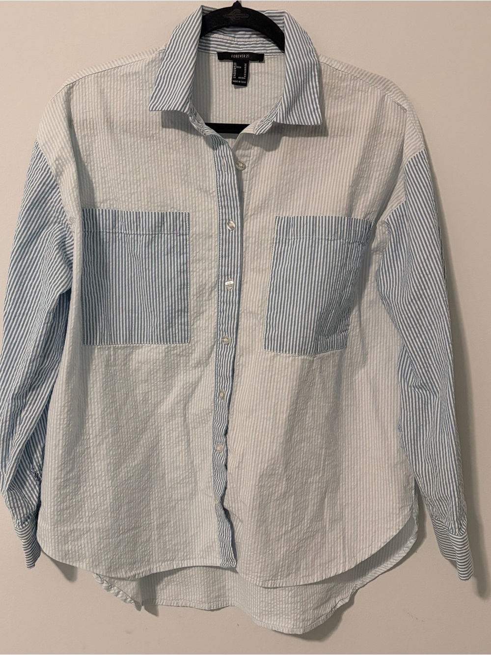 Forever 21 Light Blue and White Striped Button-Up Shirt 100% Cotton